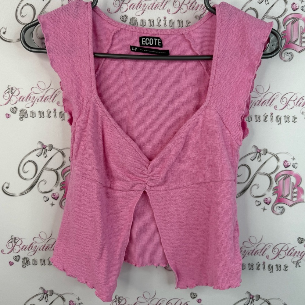 Ecote shirt ruffle trim style pink Vneck fairy hem Fuchsia Sleeveless Blouse